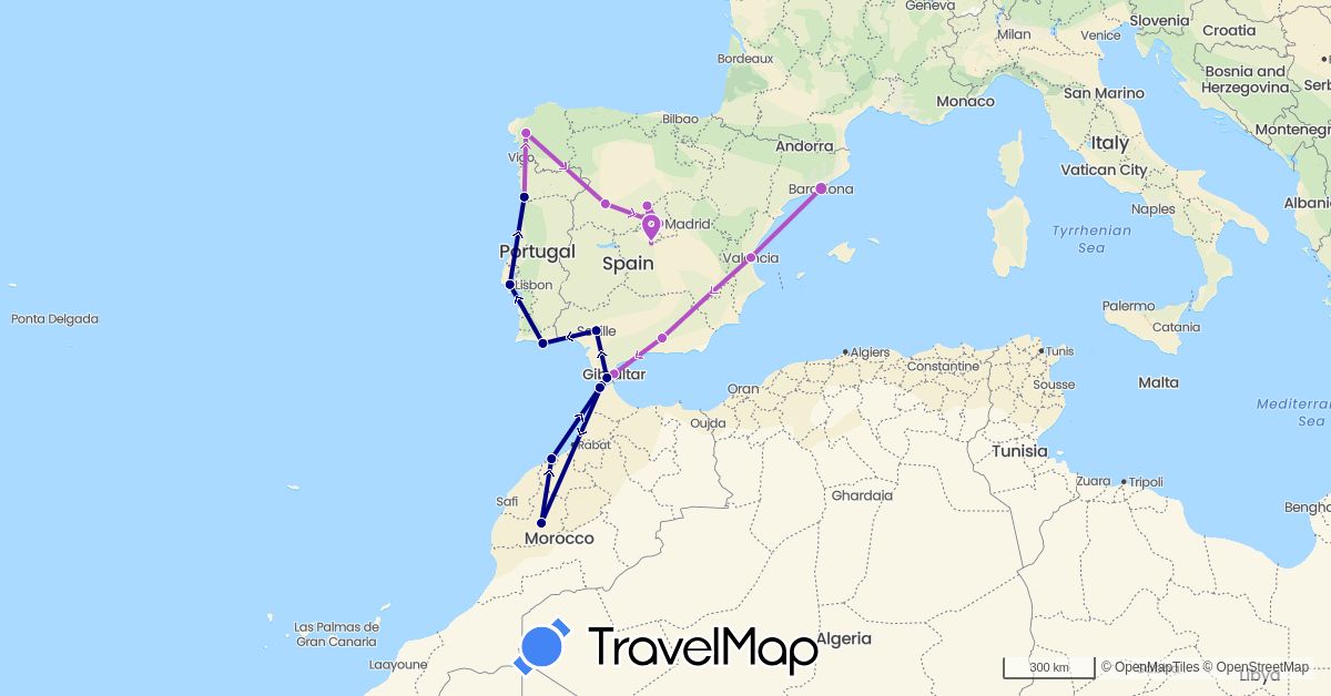 TravelMap itinerary: driving, train in Spain, Gibraltar, Morocco, Portugal (Africa, Europe)